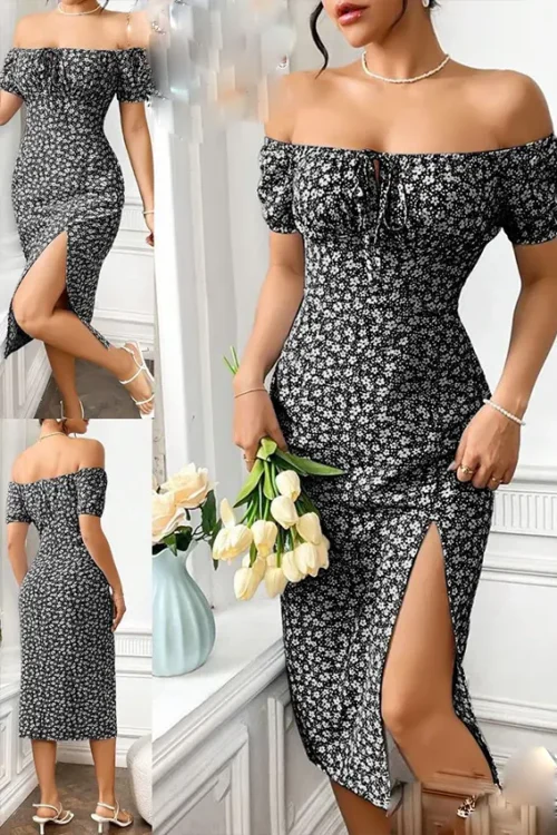 Elegant Floral Off-Shoulder Midi Dress - Image 3