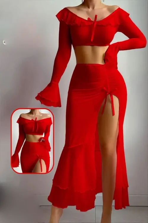 Ruffled Red Off-Shoulder Long Set