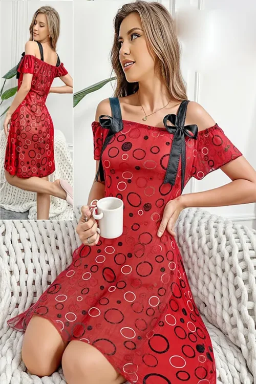 Red Circle Pattern Off-Shoulder Dress