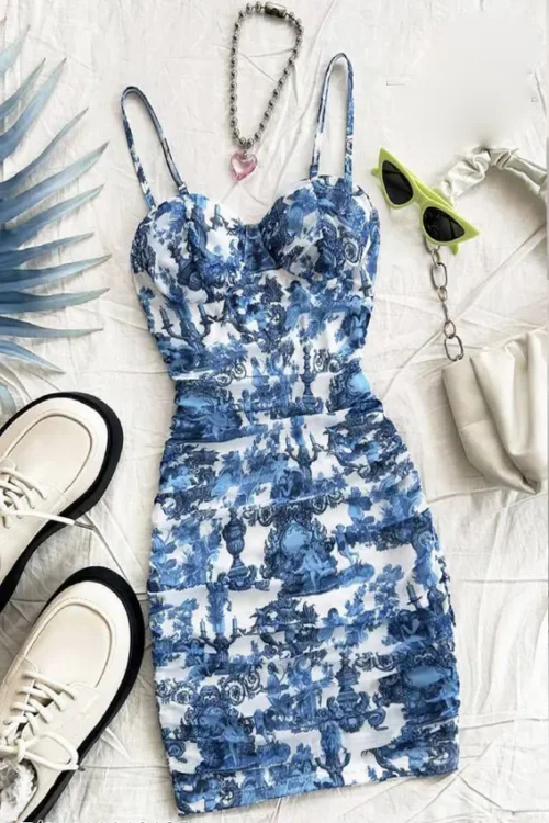 Blue Print Sleeveless Bodycon Dress