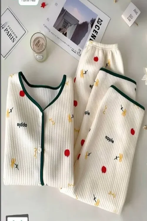 Ribbed Apple Print Pajama Set