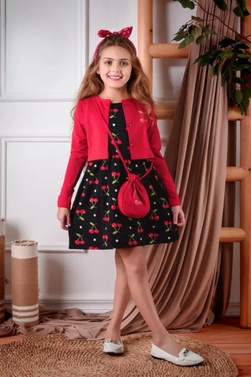 Kids Cherry Pattern Long Sleeve Dress - Image 2