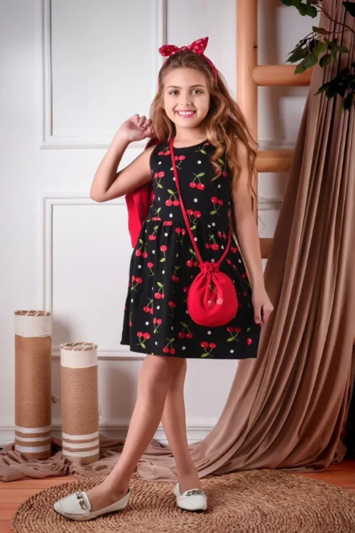 Kids Cherry Pattern Long Sleeve Dress - Image 3