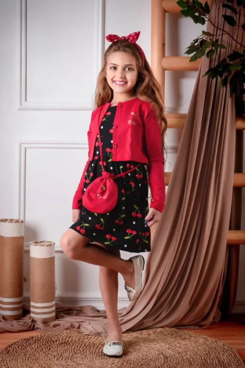 Kids Cherry Pattern Long Sleeve Dress