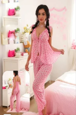 Pink Heart Pattern Sleeveless Pajama Set
