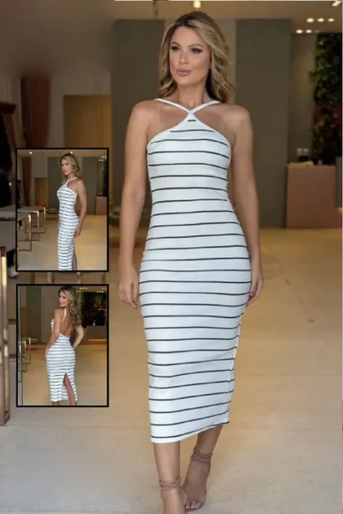 Striped Halter Sleeve Dress - Image 4