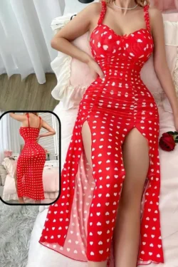 Red Heart Patterned Sleeveless Dress