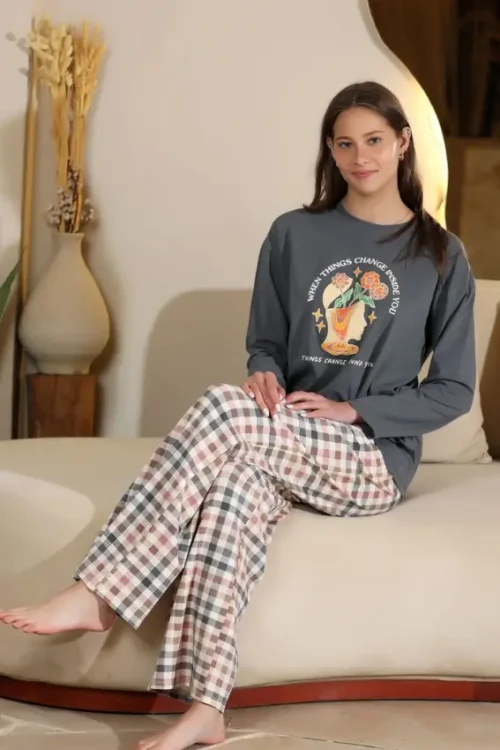 Graphic Long Sleeve Top and Plaid Pants - Image 3