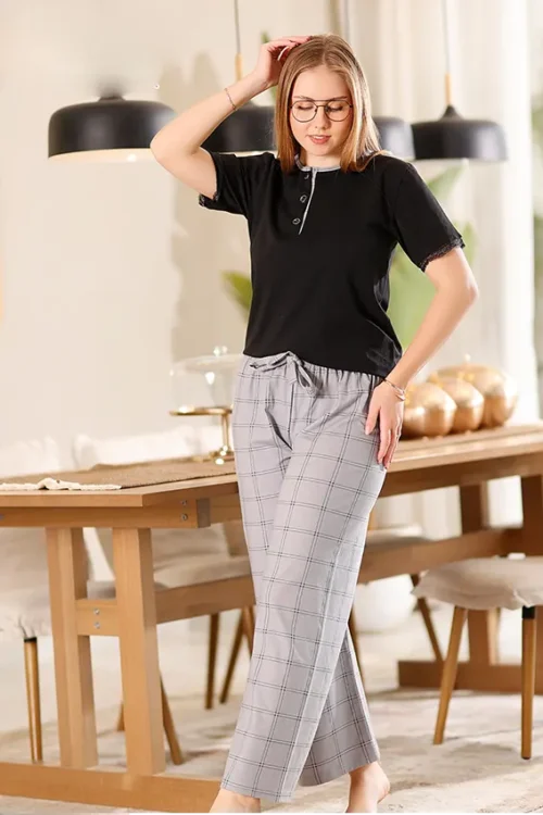 Classic Black Tee & Plaid Pants Set