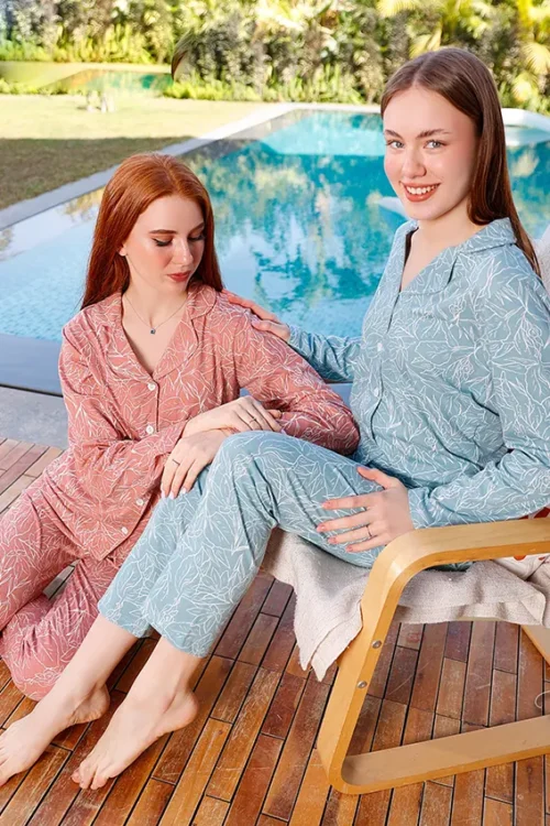 Leaf Pattern Pajama Set with Long Sleeves