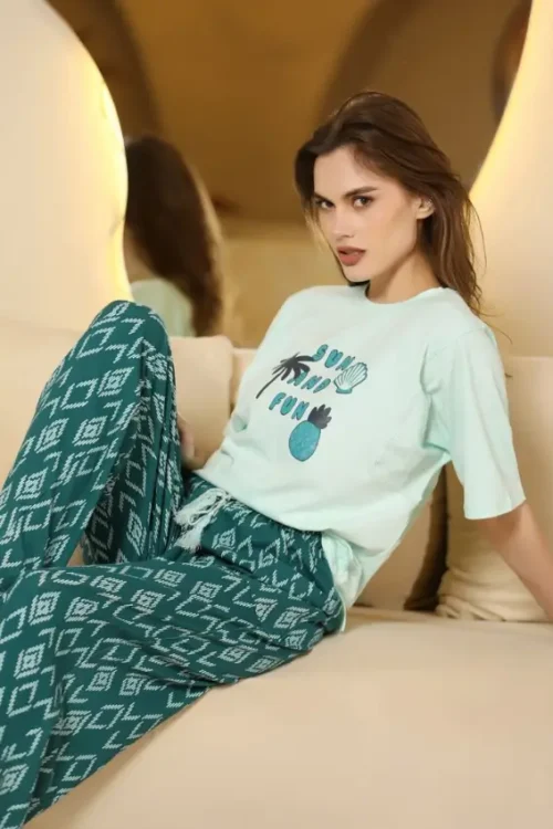 Graphic Tee and Patterned Pants Set - Image 2