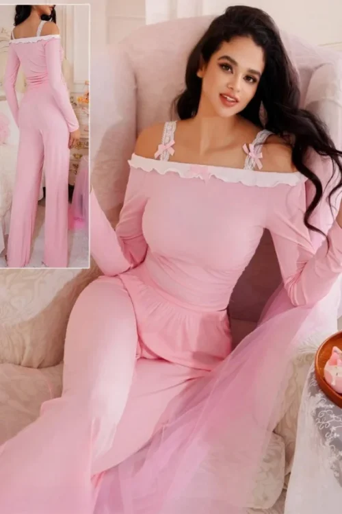 Elegant Pink Long Sleeve Lounge Set