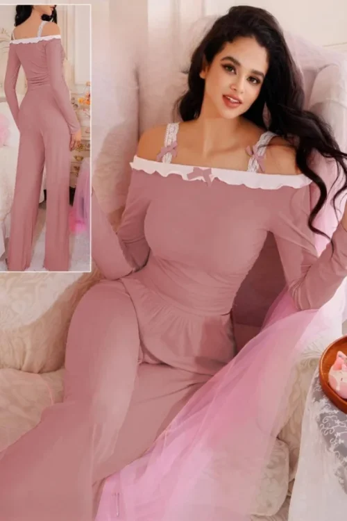 Elegant Pink Long Sleeve Lounge Set - Image 3