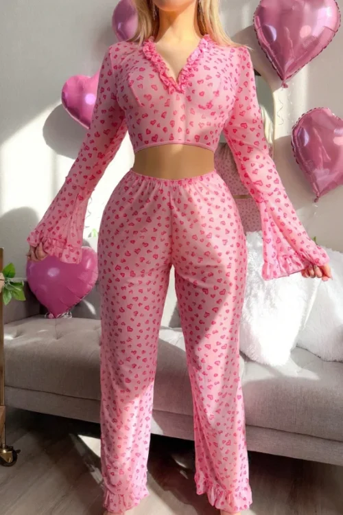Pink Heart Pattern Flared Sleeve Set - Image 3