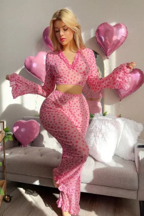 Pink Heart Pattern Flared Sleeve Set