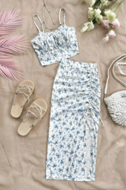 Floral Two-Piece Set with Ruched Skirt