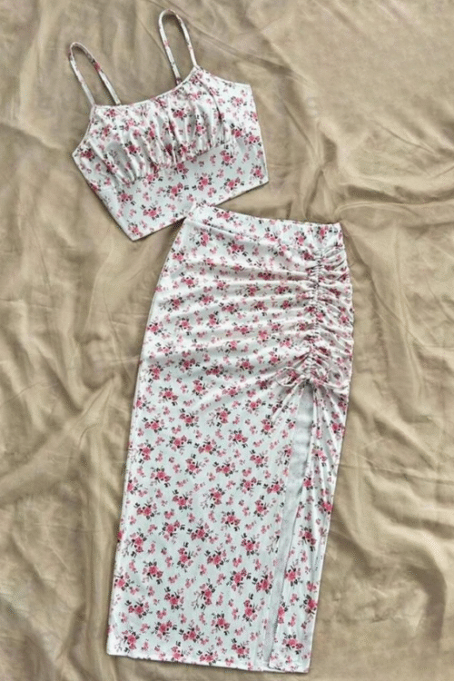 Floral Two-Piece Set with Ruched Skirt - Image 2