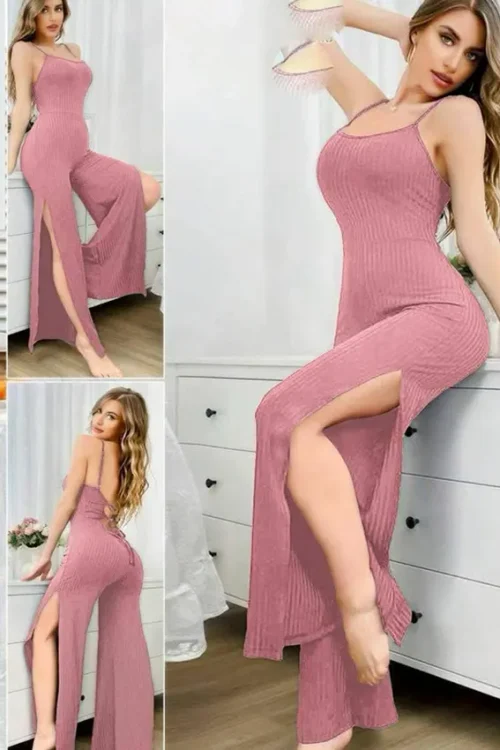 Sleeveless Ribbed Slit Pants Set