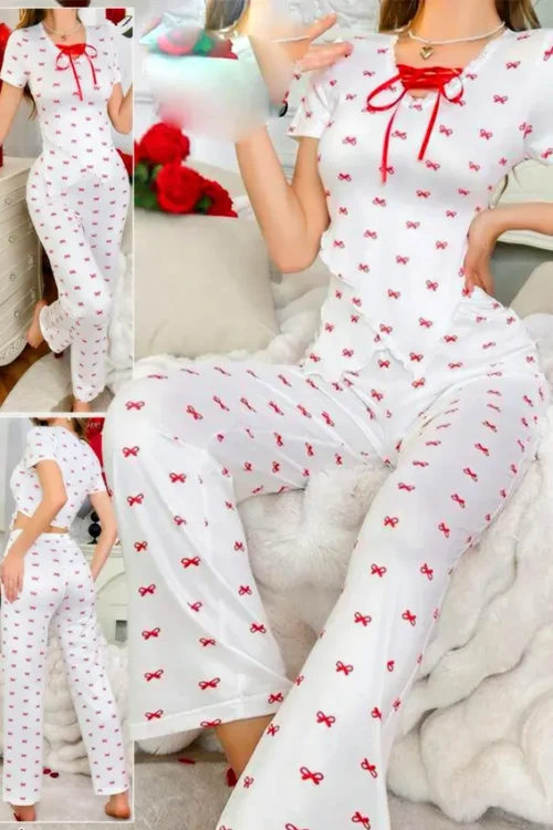 White Bow Short Sleeve Pajama Set
