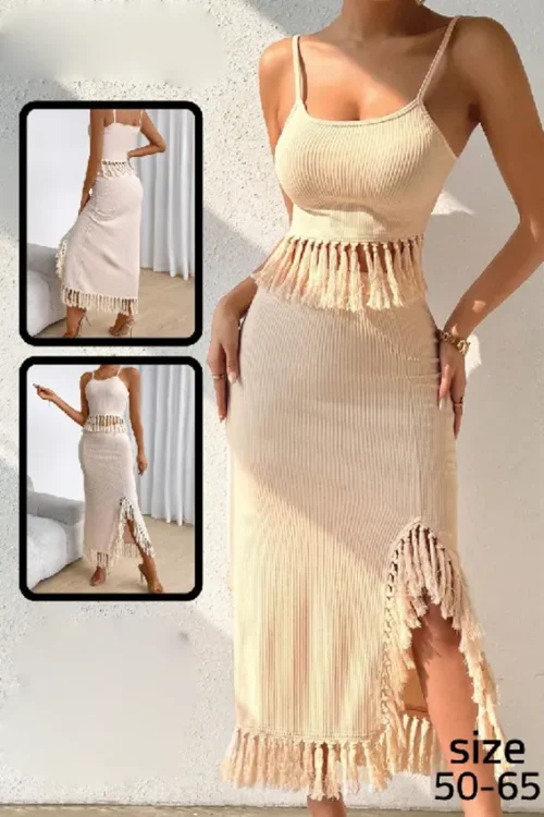 Fringe Detailed Sleeveless Ribbed Dress