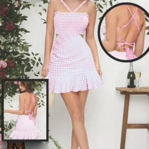 Pink Checkered Sleeveless Summer Dress