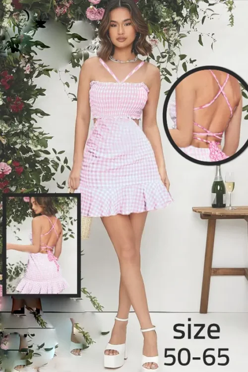 Pink Checkered Sleeveless Summer Dress