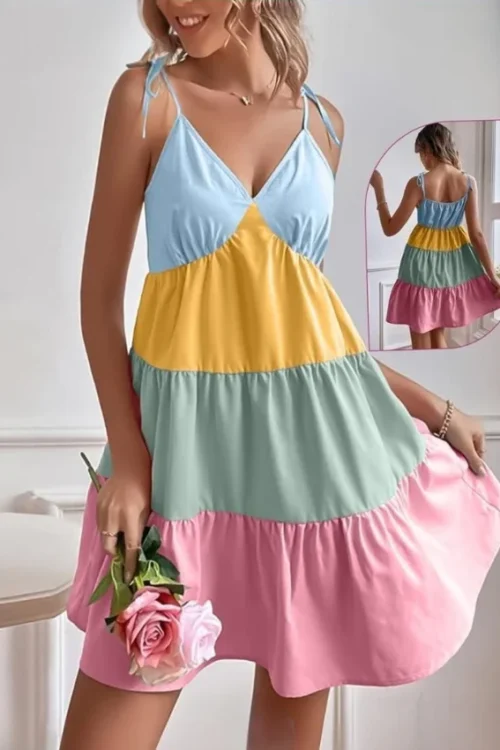 Colorful Sleeveless V-Neck Dress - Image 3