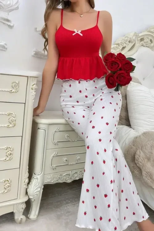 Stylish Strawberry Pattern Pants Set