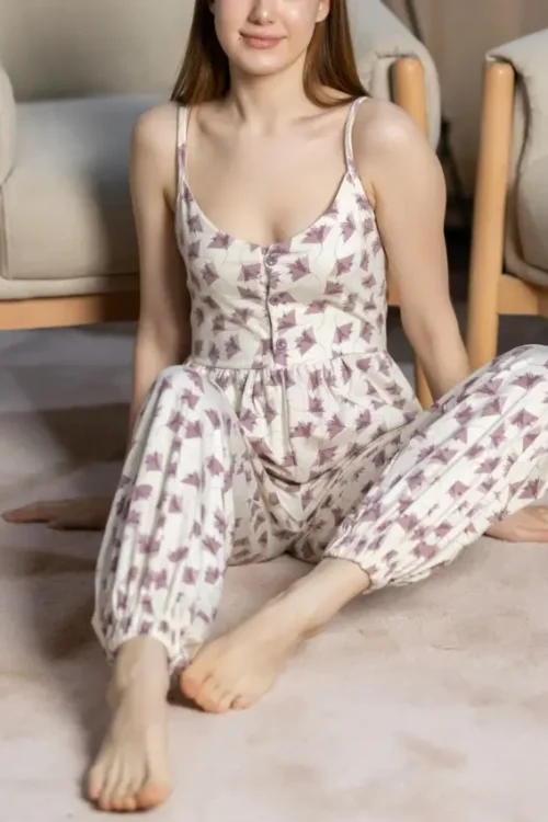 Leaf Print Sleeveless Jumpsuit - Image 2
