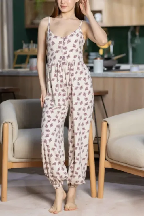 Leaf Print Sleeveless Jumpsuit