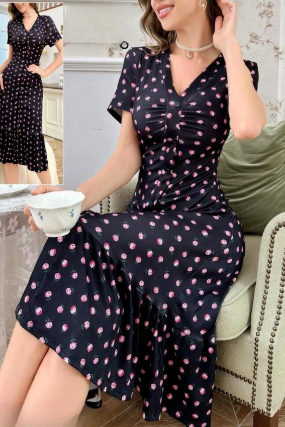 Floral Button Midi Dress