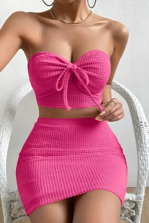 Stylish Textured Strapless Crop Top Set - Image 5