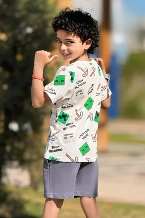 Kids Minecraft Pattern Shirt and Shorts - Image 3