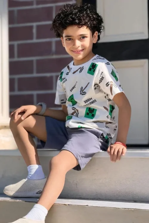 Kids Minecraft Pattern Shirt and Shorts - Image 2