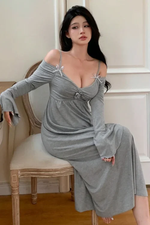 Elegant Long Sleeve Gray Dress - Image 4