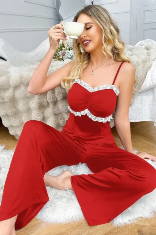 Red Sleeveless Lace Jumpsuit