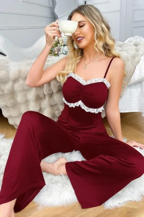 Red Sleeveless Lace Jumpsuit - Image 3