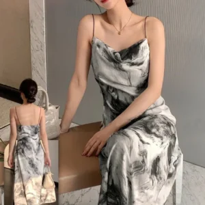 Elegant Marble Pattern Spaghetti Strap Dress