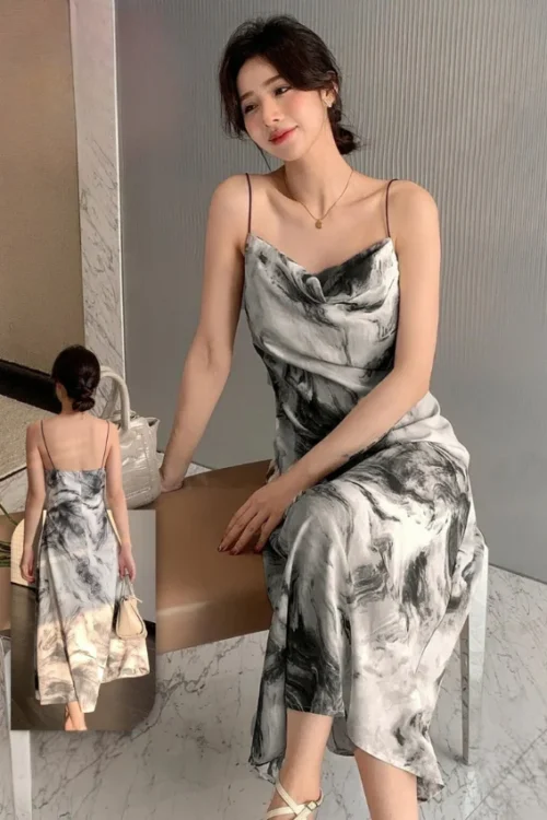 Elegant Marble Pattern Spaghetti Strap Dress