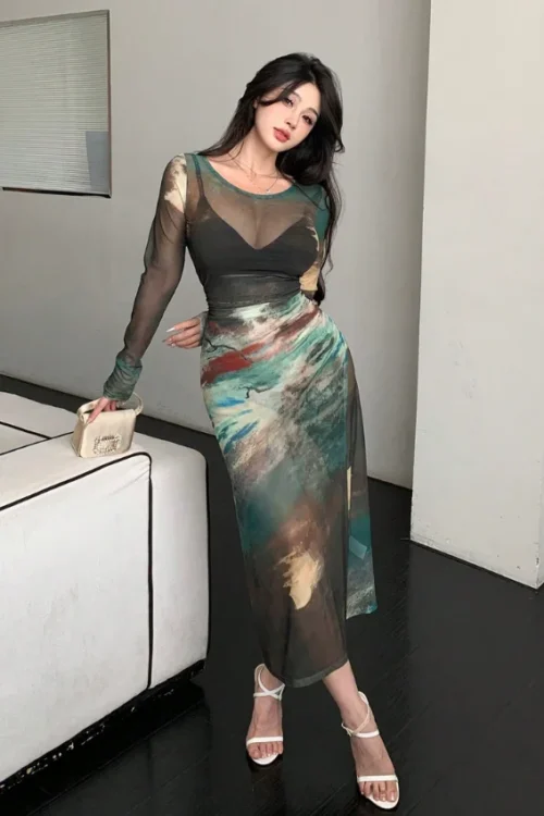 Elegant Long Sleeve Sheer Maxi Dress - Image 3