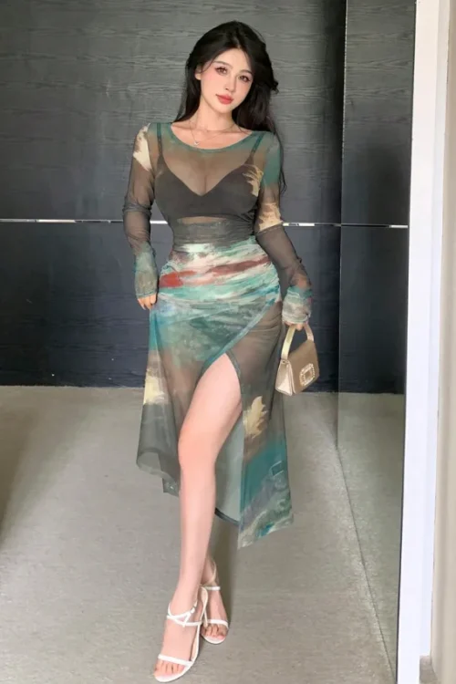 Elegant Long Sleeve Sheer Maxi Dress