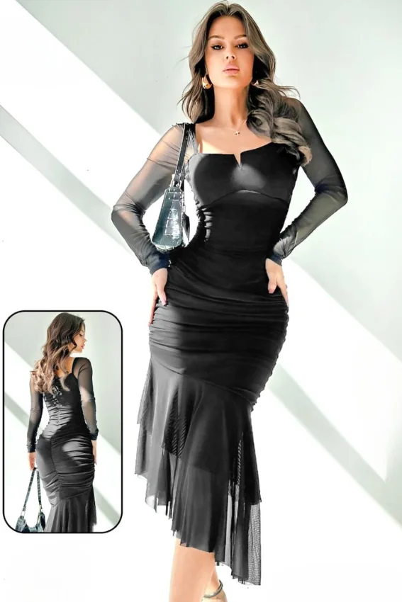 Elegant Long Sleeve Black Dress