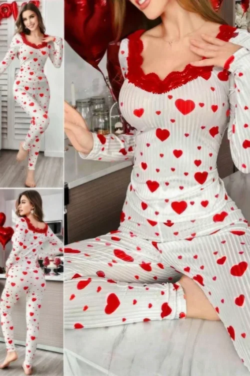 Heart Pattern Long Sleeve Pajamas Set