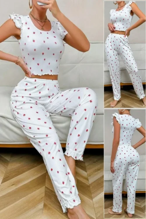 Chic Strawberry Print Ruffle Sleeve Set