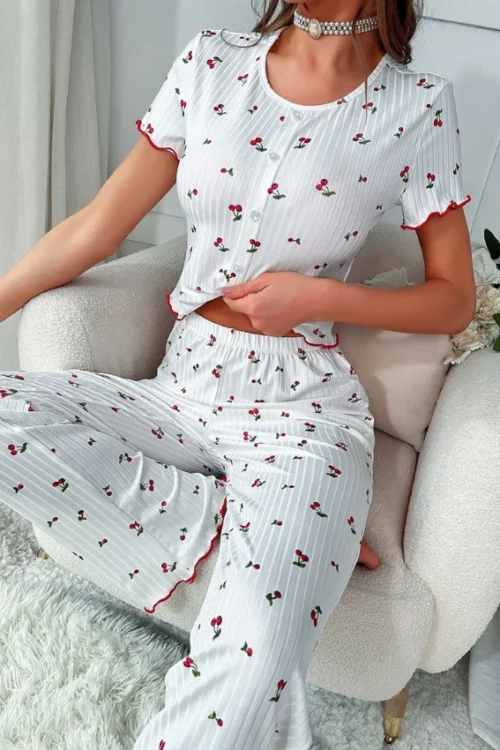Cherry Print Short Sleeve Pajama Set - Image 3