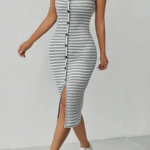 Striped Sleeveless Button-Up Dress
