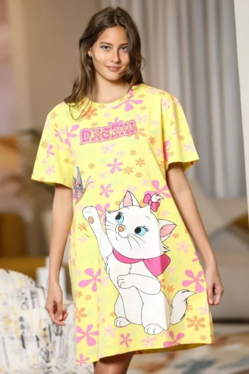 Cute Floral Cat Print Nightgown