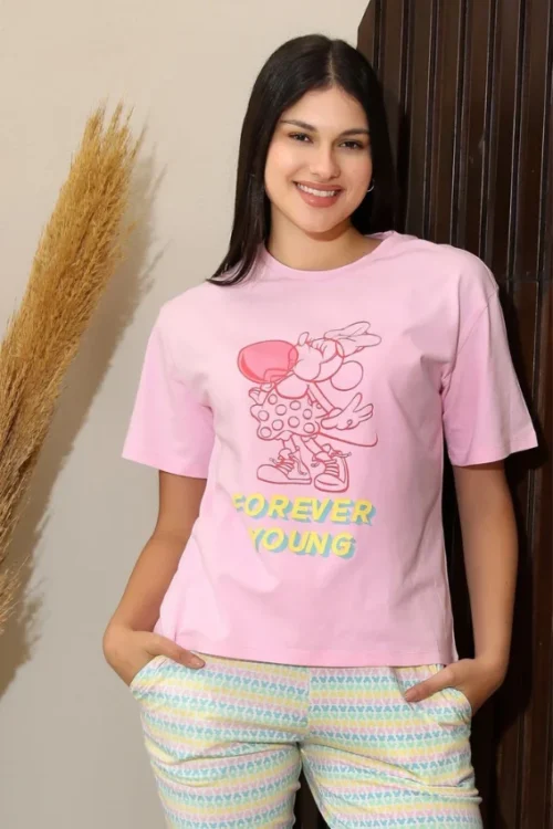 Graphic Tee with Printed Pajama Set - Image 2