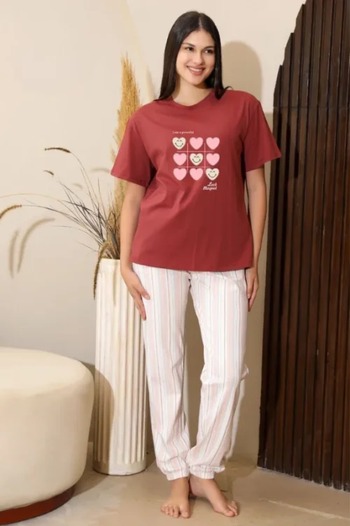 Heart Print Tee with Striped Pants