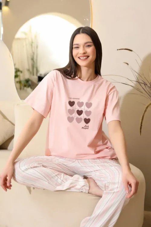 Heart Print Tee with Striped Pants - Image 3